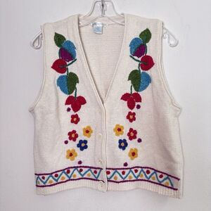 Vintage Embroidered Floral Cotton Button Down Women’s Sleeveless Sweater Vest